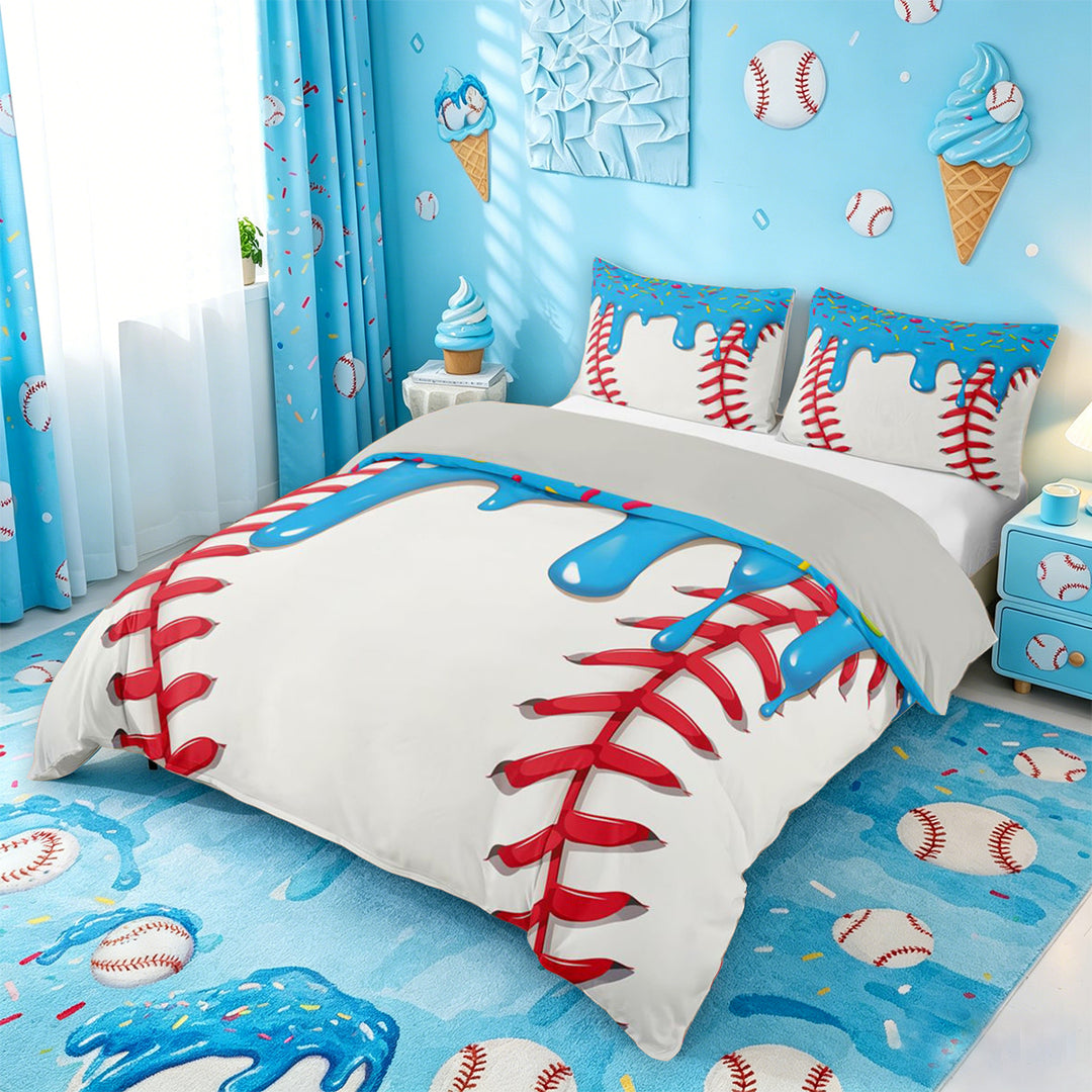 meiyoeat Baseball Ice Cream Bedding For Kids,Kids Ball Games Duvet Cover Full For Boys,Light Gray Reversible,3 Pieces(No Comforter)