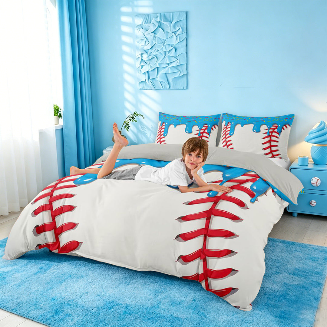 meiyoeat Baseball Ice Cream Bedding For Kids,Kids Ball Games Duvet Cover Full For Boys,Light Gray Reversible,3 Pieces(No Comforter)