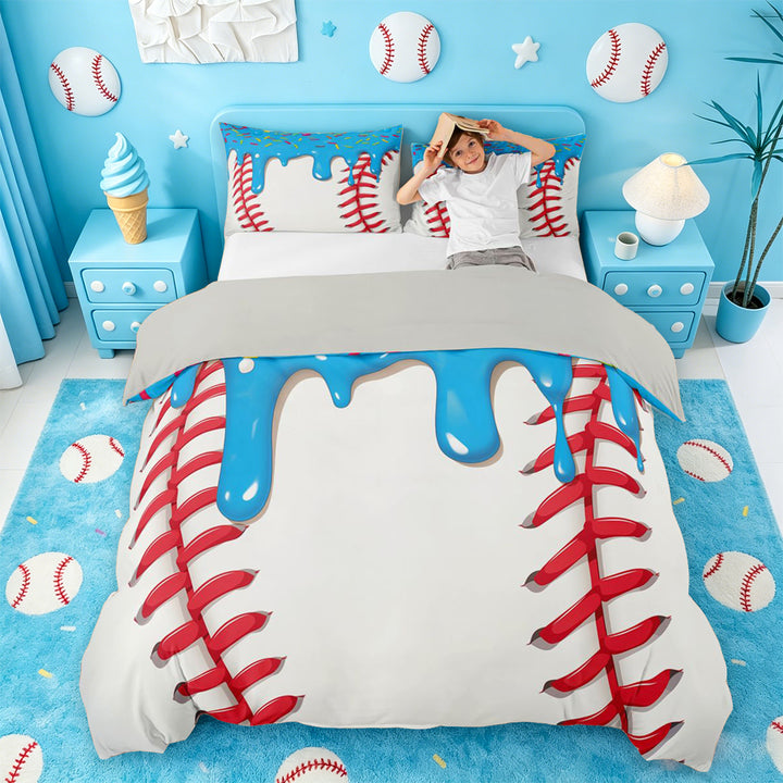 meiyoeat Baseball Ice Cream Bedding For Kids,Kids Ball Games Duvet Cover Full For Boys,Light Gray Reversible,3 Pieces(No Comforter)