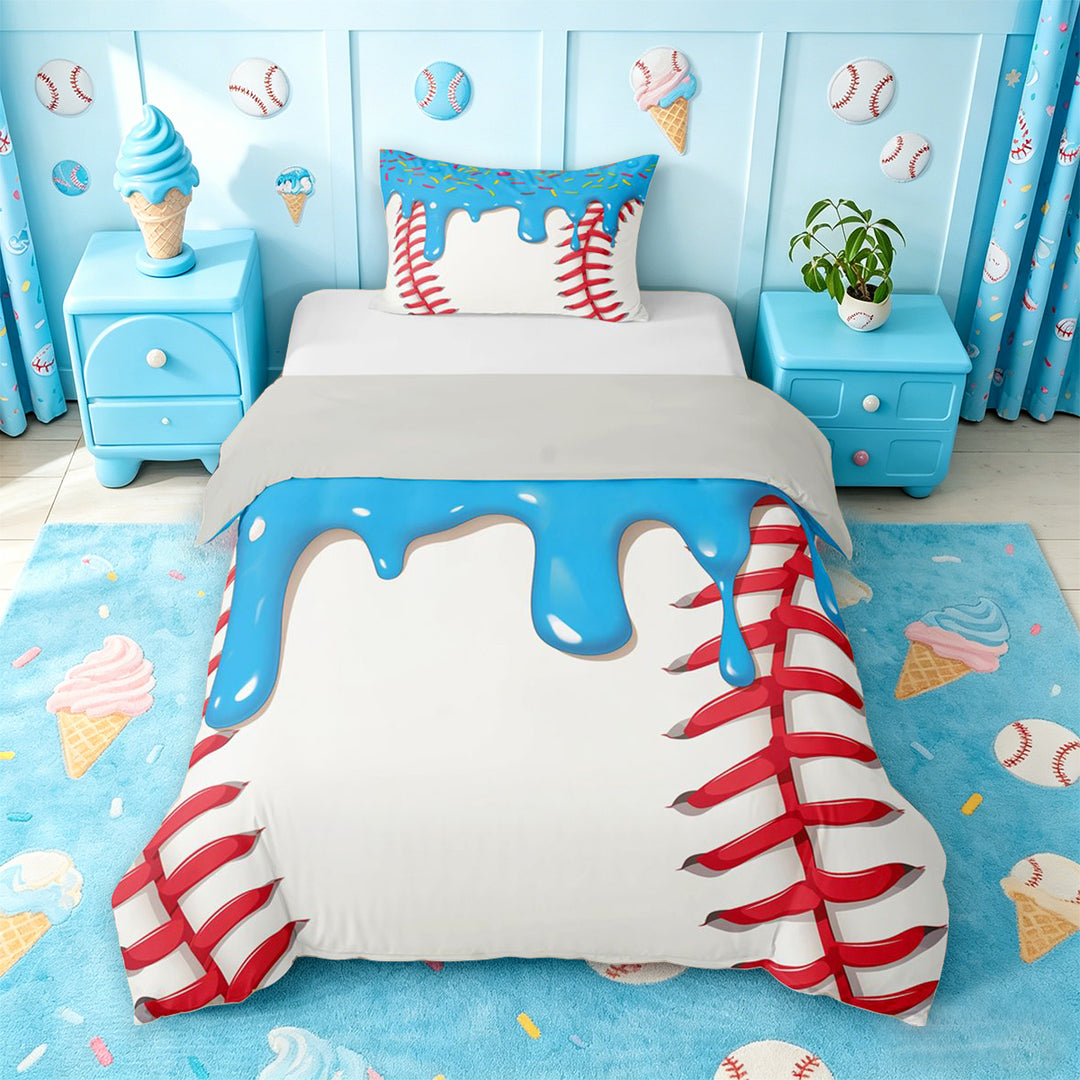 meiyoeat Baseball Ice Cream Bedding For Kids,Kids Ball Games Duvet Cover Full For Boys,Light Gray Reversible,3 Pieces(No Comforter)