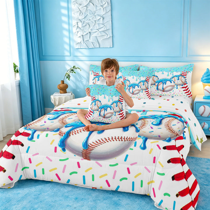 meiyoeat Watercolor Baseball Cream 7 Pieces Full Size Bedding Sets For Kids,Ball Ice Drip Full Size Bed in a Bag For Boys,Reversible