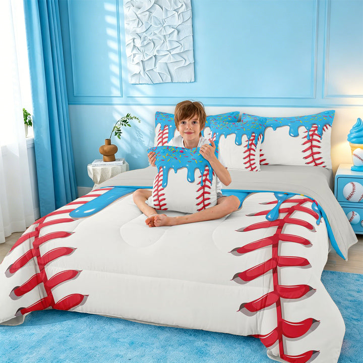 meiyoeat Baseball Ice Cream 7 Pieces Full Size Bedding Sets For Kids,Kids Ball Games Full Size Bed in a Bag For Boys,Light Gray Reversible