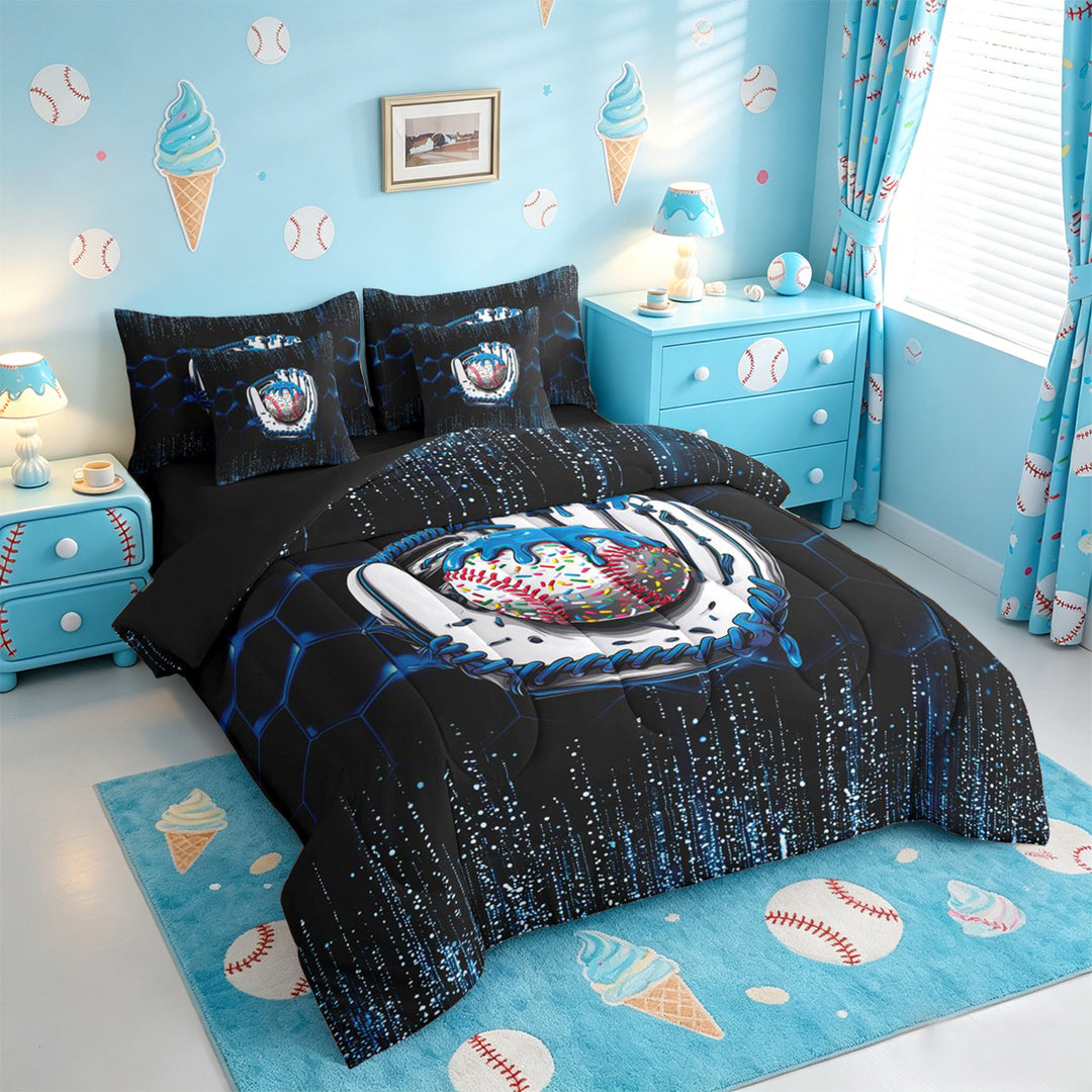 meiyoeat Boys Baseball Sport Games 7 Pieces Full Size Bedding Sets,Modern Geometric Honeycomb Pattern Full Size Bed in a Bag For Kids,Black Reversible