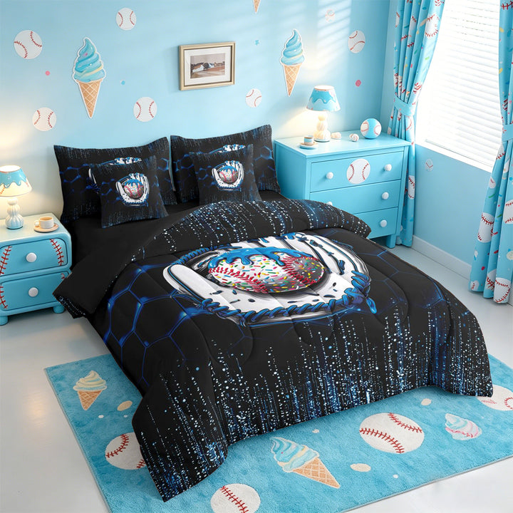 meiyoeat Boys Baseball Sport Games 7 Pieces Full Size Bedding Sets,Modern Geometric Honeycomb Pattern Full Size Bed in a Bag For Kids,Black Reversible