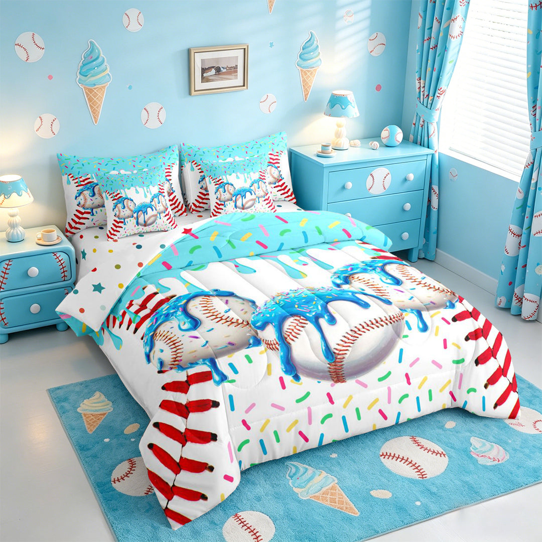 meiyoeat Watercolor Baseball Cream 7 Pieces Full Size Bedding Sets For Kids,Ball Ice Drip Full Size Bed in a Bag For Boys,Reversible