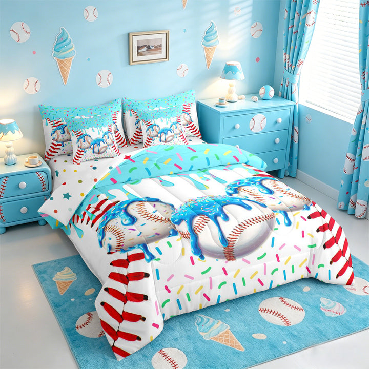 meiyoeat Watercolor Baseball Cream 7 Pieces Full Size Bedding Sets For Kids,Ball Ice Drip Full Size Bed in a Bag For Boys,Reversible