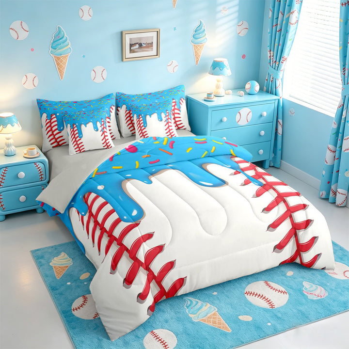 meiyoeat Baseball Ice Cream 7 Pieces Full Size Bedding Sets For Kids,Kids Ball Games Full Size Bed in a Bag For Boys,Light Gray Reversible