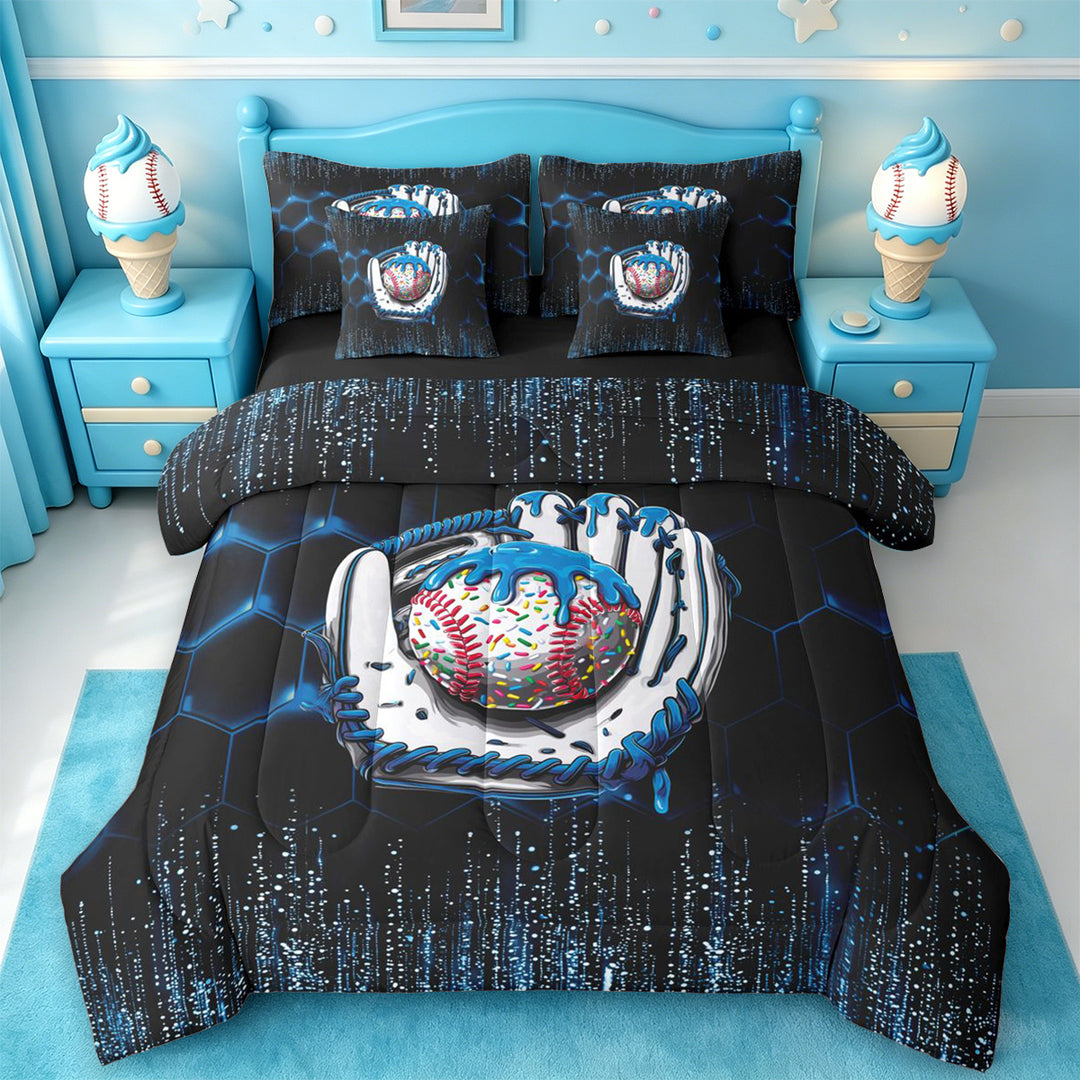 meiyoeat Boys Baseball Sport Games 7 Pieces Full Size Bedding Sets,Modern Geometric Honeycomb Pattern Full Size Bed in a Bag For Kids,Black Reversible