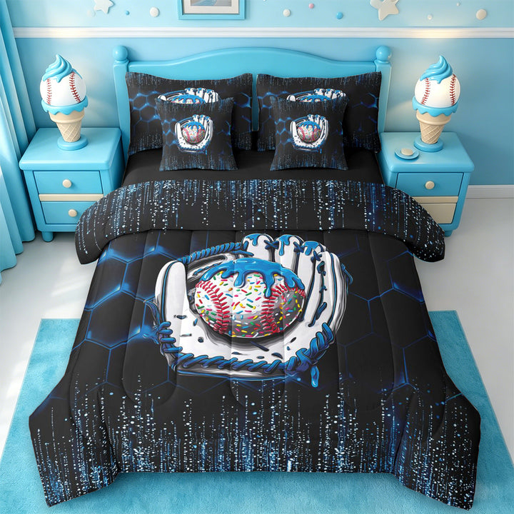 meiyoeat Boys Baseball Sport Games 7 Pieces Full Size Bedding Sets,Modern Geometric Honeycomb Pattern Full Size Bed in a Bag For Kids,Black Reversible