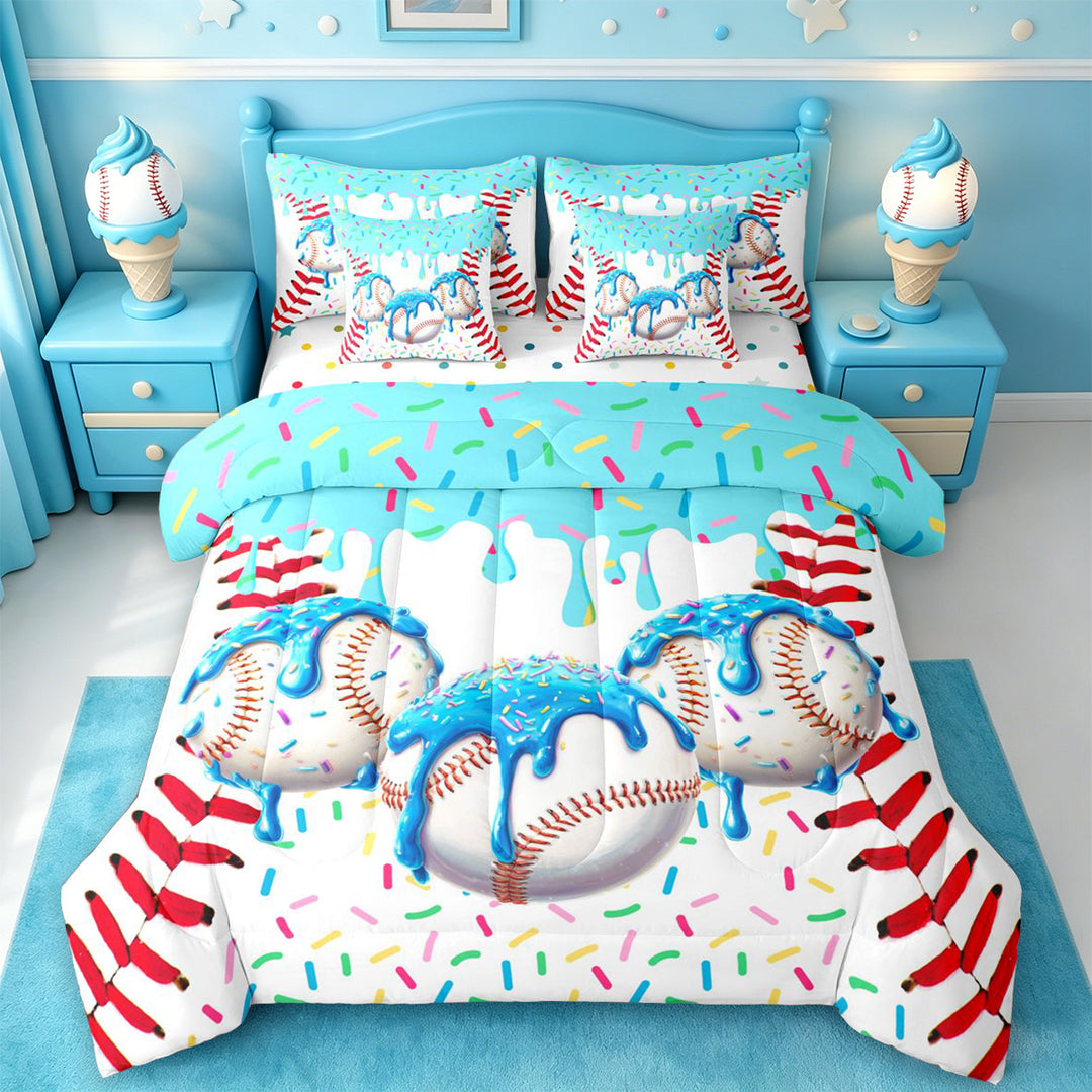 meiyoeat Watercolor Baseball Cream 7 Pieces Full Size Bedding Sets For Kids,Ball Ice Drip Full Size Bed in a Bag For Boys,Reversible