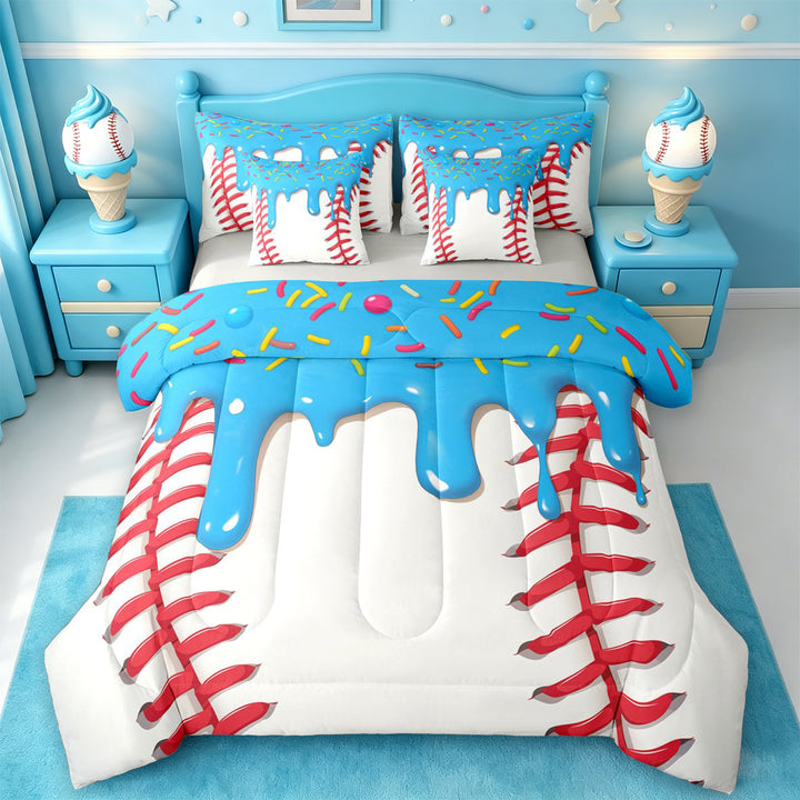 meiyoeat Baseball Ice Cream 7 Pieces Full Size Bedding Sets For Kids,Kids Ball Games Full Size Bed in a Bag For Boys,Light Gray Reversible