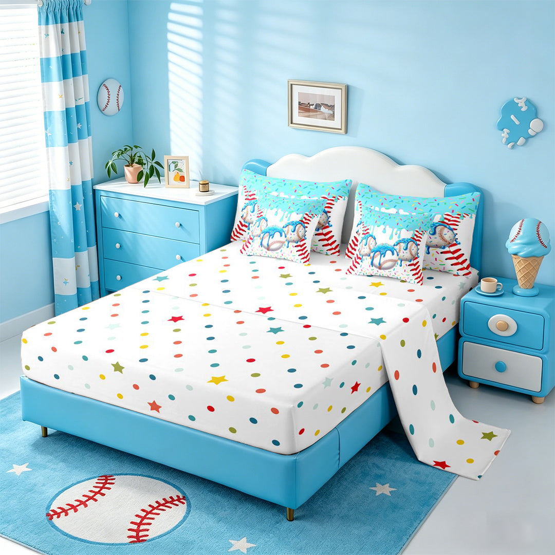 meiyoeat Watercolor Baseball Cream 7 Pieces Full Size Bedding Sets For Kids,Ball Ice Drip Full Size Bed in a Bag For Boys,Reversible