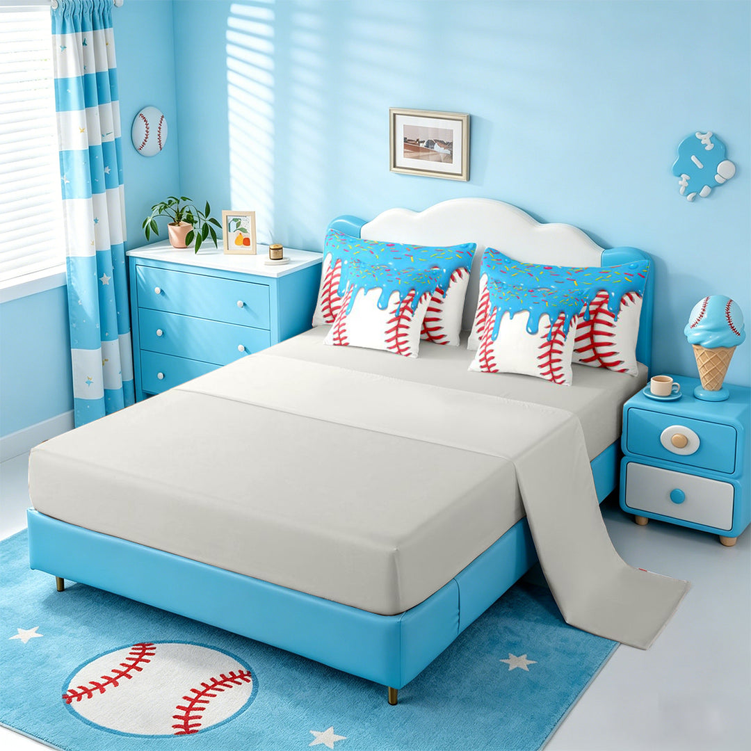 meiyoeat Baseball Ice Cream 7 Pieces Full Size Bedding Sets For Kids,Kids Ball Games Full Size Bed in a Bag For Boys,Light Gray Reversible