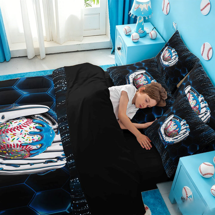 meiyoeat Boys Baseball Sport Games 7 Pieces Full Size Bedding Sets,Modern Geometric Honeycomb Pattern Full Size Bed in a Bag For Kids,Black Reversible