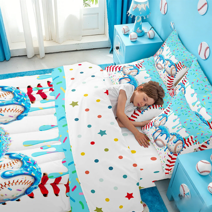 meiyoeat Watercolor Baseball Cream 7 Pieces Full Size Bedding Sets For Kids,Ball Ice Drip Full Size Bed in a Bag For Boys,Reversible