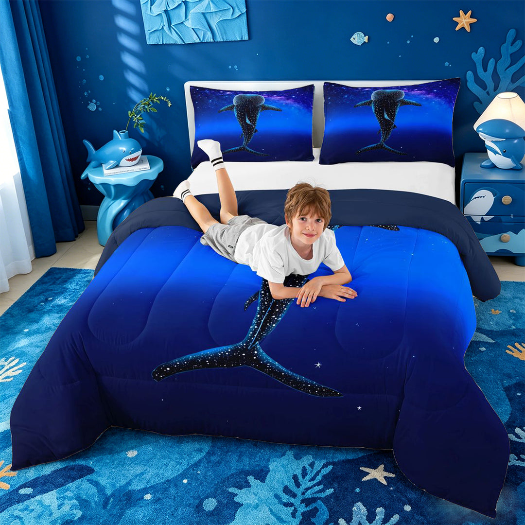 meiyoeat Sparkling Print Shark Full Size Comforter Sets For Boys,Coastal Ocean Style Bedding Comforter Set For Kids,Navy Blue Reversible,3-Piece