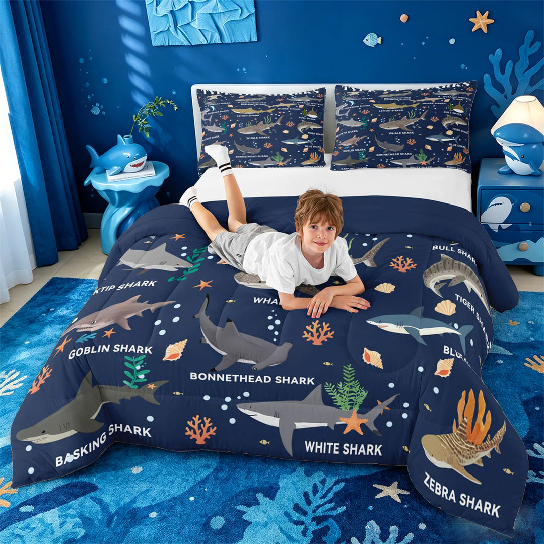meiyoeat Watercolor Ocean Coral Full Size Comforter Sets For Boys,Cute Sea Animal Shark Bedding Comforter Set For Kids,Navy Blue Reversible,3pcs