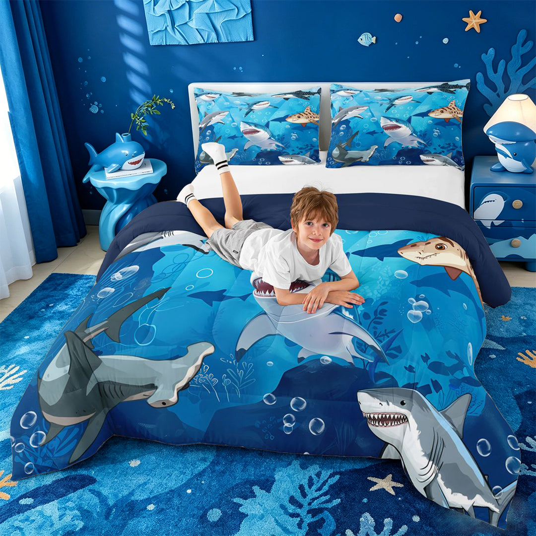 meiyoeat Cute Cartoon Shark Full Size Comforter Sets For Boys,Watercolor Ocean Theme Bedding Comforter Set For Kids,Navy Blue Reversible,3-Piece