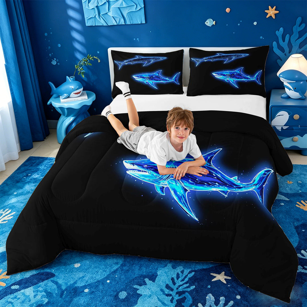 meiyoeat Ocean Themed Full Size Comforter Sets For Kids,Cute Sea Animal Shark Bedding Comforter Set For Boys,Black Reversible,3pcs