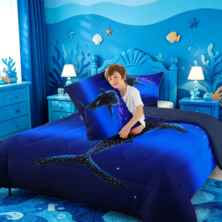 meiyoeat Sparkling Print Shark Full Size Comforter Sets For Boys,Coastal Ocean Style Bedding Comforter Set For Kids,Navy Blue Reversible,3-Piece