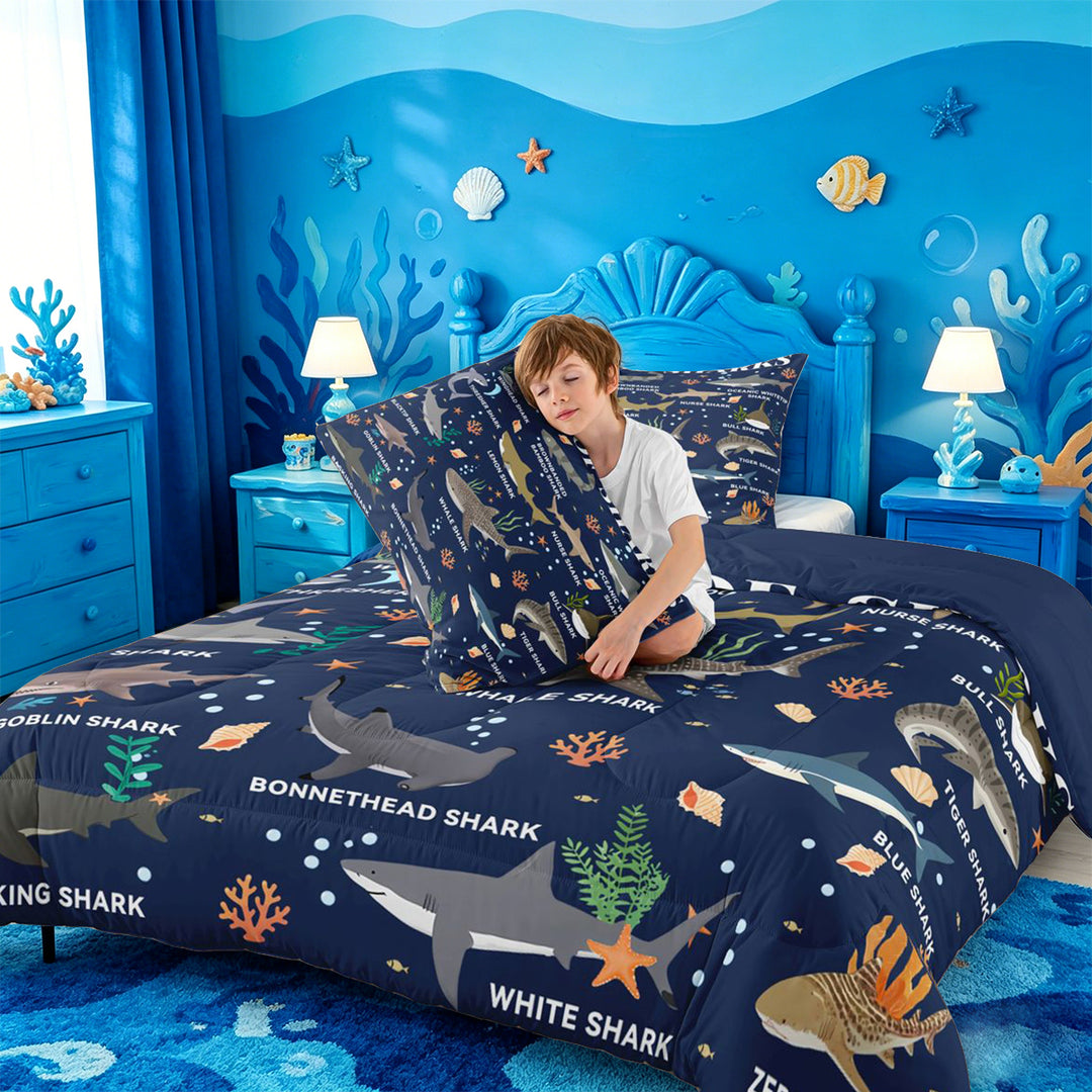 meiyoeat Watercolor Ocean Coral Full Size Comforter Sets For Boys,Cute Sea Animal Shark Bedding Comforter Set For Kids,Navy Blue Reversible,3pcs