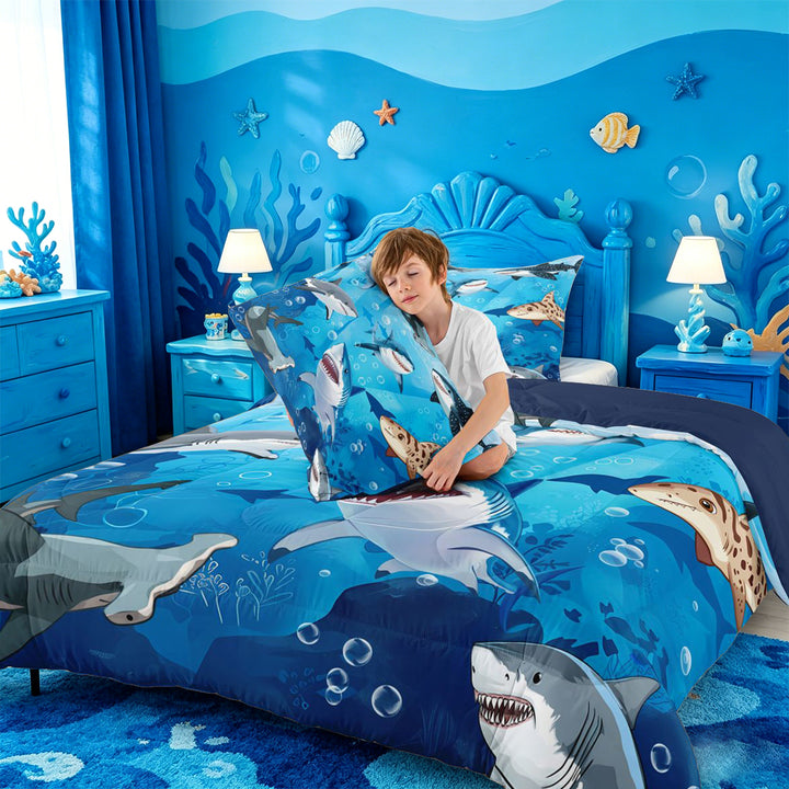 meiyoeat Cute Cartoon Shark Full Size Comforter Sets For Boys,Watercolor Ocean Theme Bedding Comforter Set For Kids,Navy Blue Reversible,3-Piece