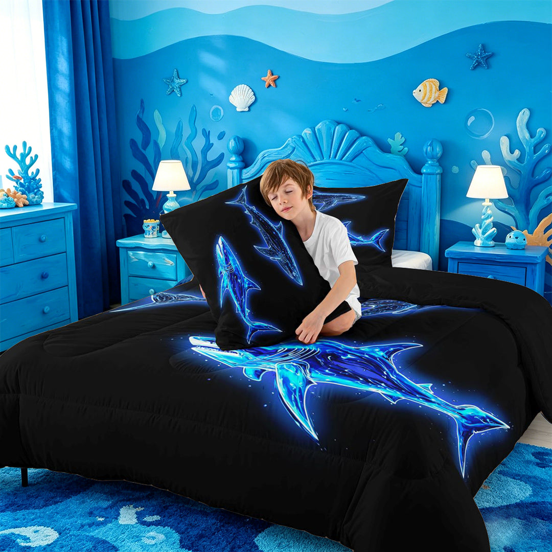 meiyoeat Ocean Themed Full Size Comforter Sets For Kids,Cute Sea Animal Shark Bedding Comforter Set For Boys,Black Reversible,3pcs