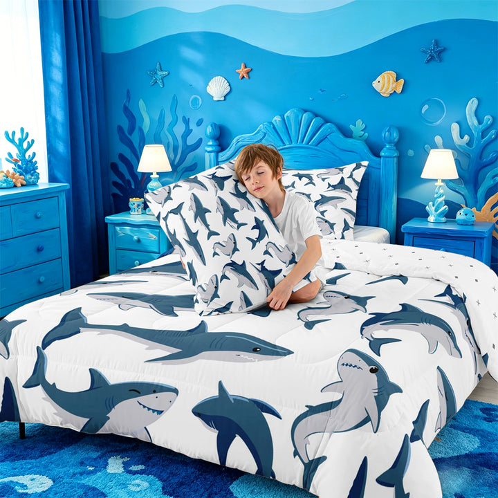 meiyoeat Cute Ocean Shark Full Size Comforter Sets For Boys,Marine Animal Bedding Comforter Set For Kids,Reversible,3 Pieces