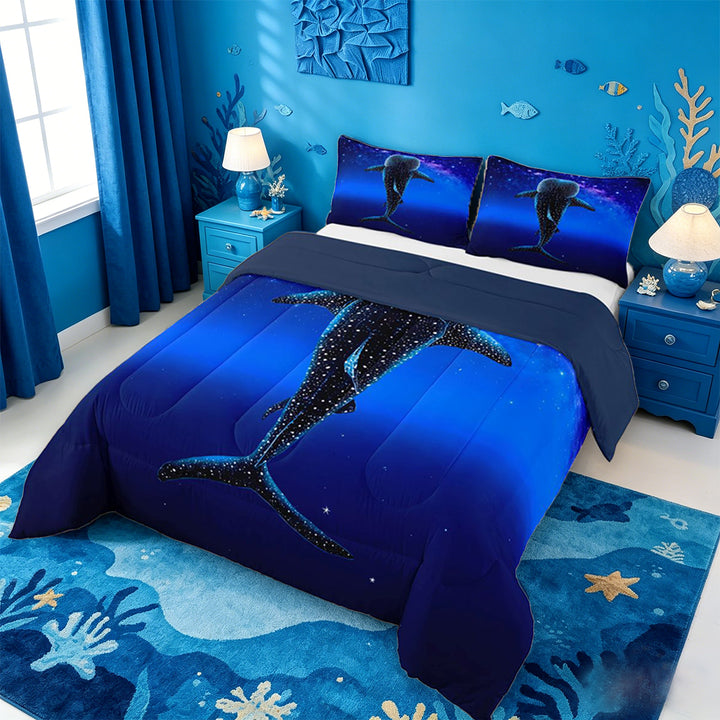 meiyoeat Sparkling Print Shark Full Size Comforter Sets For Boys,Coastal Ocean Style Bedding Comforter Set For Kids,Navy Blue Reversible,3-Piece