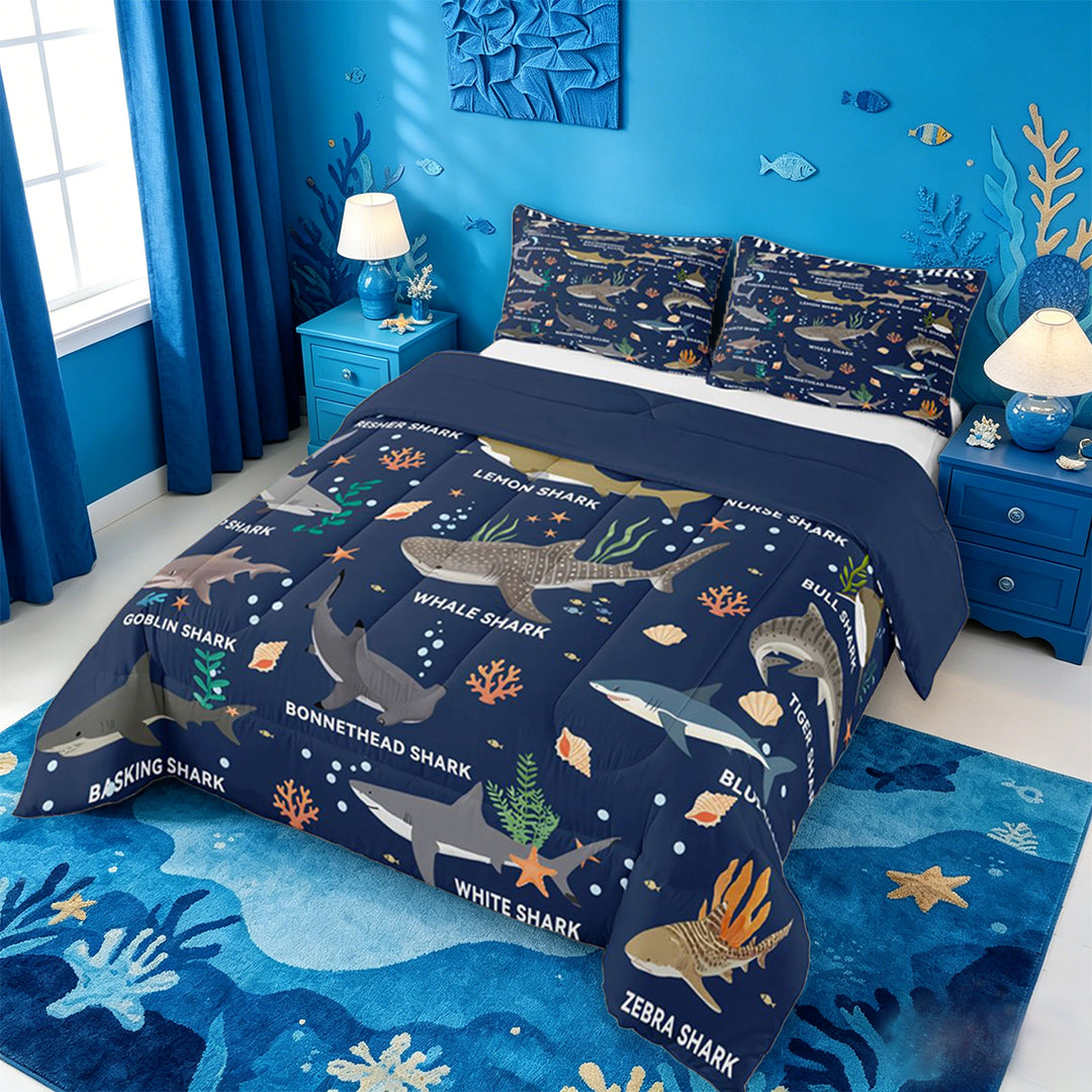 meiyoeat Watercolor Ocean Coral Full Size Comforter Sets For Boys,Cute Sea Animal Shark Bedding Comforter Set For Kids,Navy Blue Reversible,3pcs