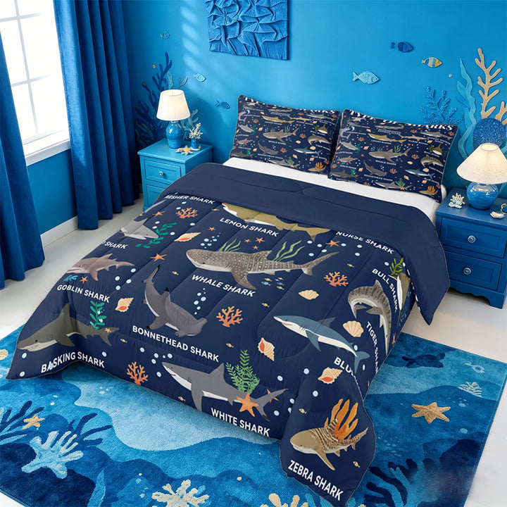 meiyoeat Watercolor Ocean Coral Full Size Comforter Sets For Boys,Cute Sea Animal Shark Bedding Comforter Set For Kids,Navy Blue Reversible,3pcs