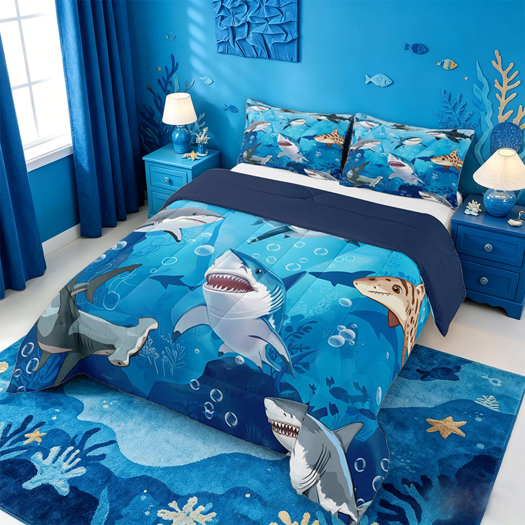 meiyoeat Cute Cartoon Shark Full Size Comforter Sets For Boys,Watercolor Ocean Theme Bedding Comforter Set For Kids,Navy Blue Reversible,3-Piece