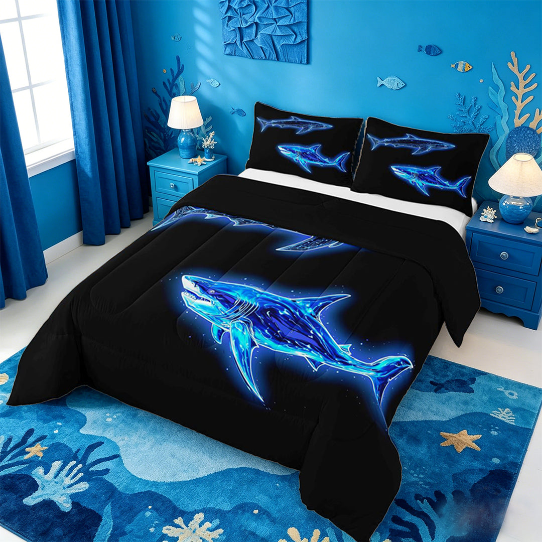 meiyoeat Ocean Themed Full Size Comforter Sets For Kids,Cute Sea Animal Shark Bedding Comforter Set For Boys,Black Reversible,3pcs