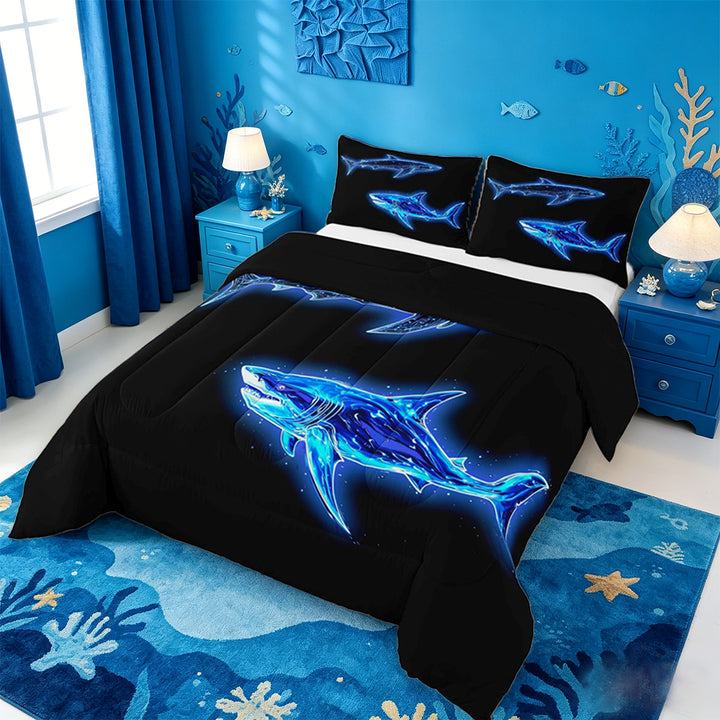 meiyoeat Ocean Themed Full Size Comforter Sets For Kids,Cute Sea Animal Shark Bedding Comforter Set For Boys,Black Reversible,3pcs