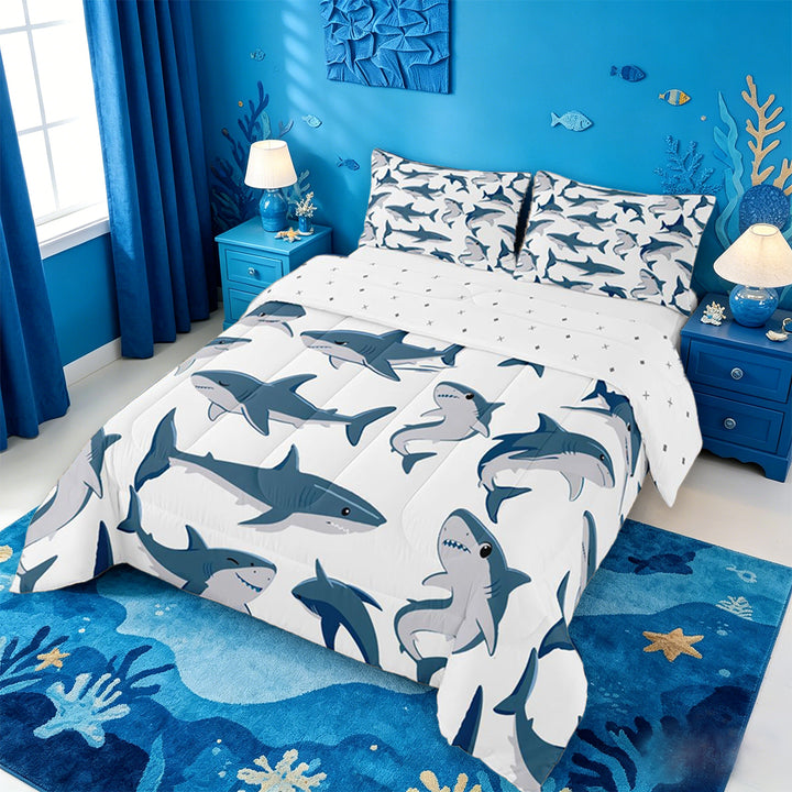 meiyoeat Cute Ocean Shark Full Size Comforter Sets For Boys,Marine Animal Bedding Comforter Set For Kids,Reversible,3 Pieces
