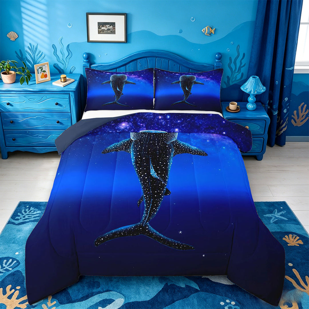 meiyoeat Sparkling Print Shark Full Size Comforter Sets For Boys,Coastal Ocean Style Bedding Comforter Set For Kids,Navy Blue Reversible,3-Piece
