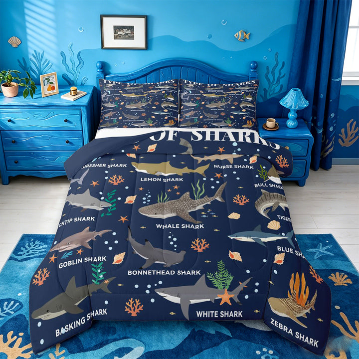 meiyoeat Watercolor Ocean Coral Full Size Comforter Sets For Boys,Cute Sea Animal Shark Bedding Comforter Set For Kids,Navy Blue Reversible,3pcs
