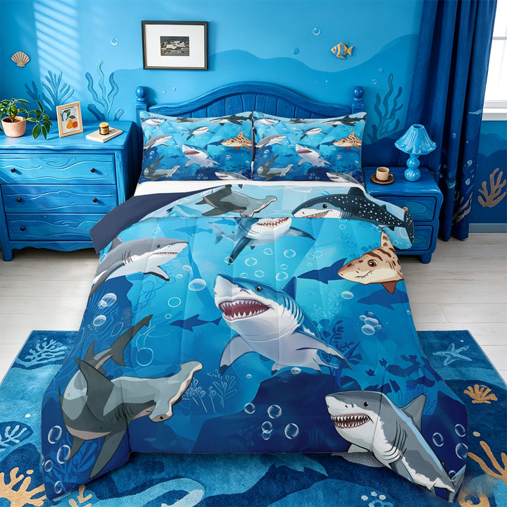 meiyoeat Cute Cartoon Shark Full Size Comforter Sets For Boys,Watercolor Ocean Theme Bedding Comforter Set For Kids,Navy Blue Reversible,3-Piece