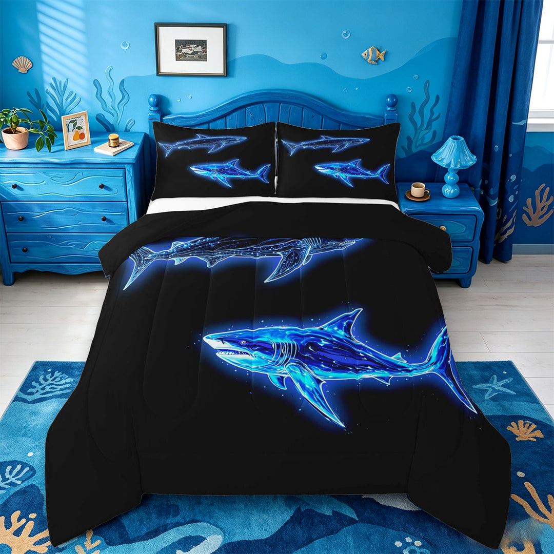 meiyoeat Ocean Themed Full Size Comforter Sets For Kids,Cute Sea Animal Shark Bedding Comforter Set For Boys,Black Reversible,3pcs