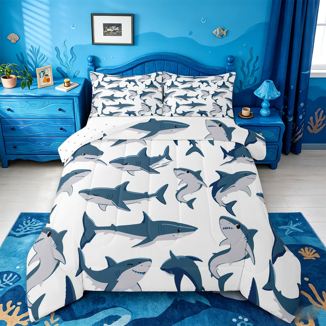 meiyoeat Cute Ocean Shark Full Size Comforter Sets For Boys,Marine Animal Bedding Comforter Set For Kids,Reversible,3 Pieces