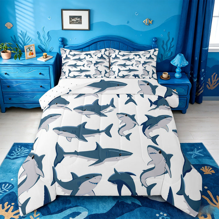 meiyoeat Cute Ocean Shark Full Size Comforter Sets For Boys,Marine Animal Bedding Comforter Set For Kids,Reversible,3 Pieces
