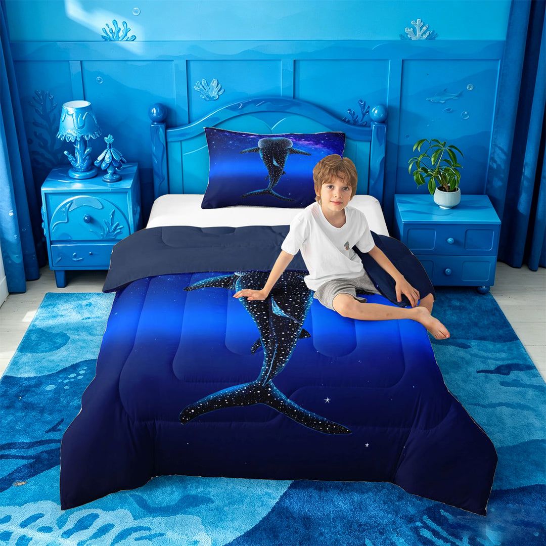 meiyoeat Sparkling Print Shark Full Size Comforter Sets For Boys,Coastal Ocean Style Bedding Comforter Set For Kids,Navy Blue Reversible,3-Piece