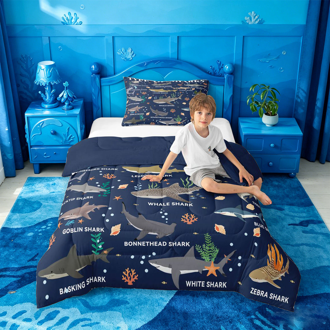 meiyoeat Watercolor Ocean Coral Full Size Comforter Sets For Boys,Cute Sea Animal Shark Bedding Comforter Set For Kids,Navy Blue Reversible,3pcs