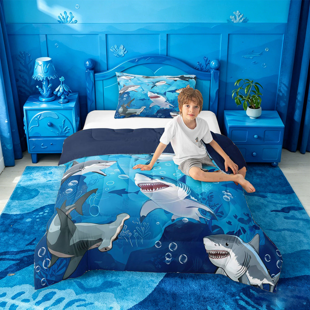 meiyoeat Cute Cartoon Shark Full Size Comforter Sets For Boys,Watercolor Ocean Theme Bedding Comforter Set For Kids,Navy Blue Reversible,3-Piece