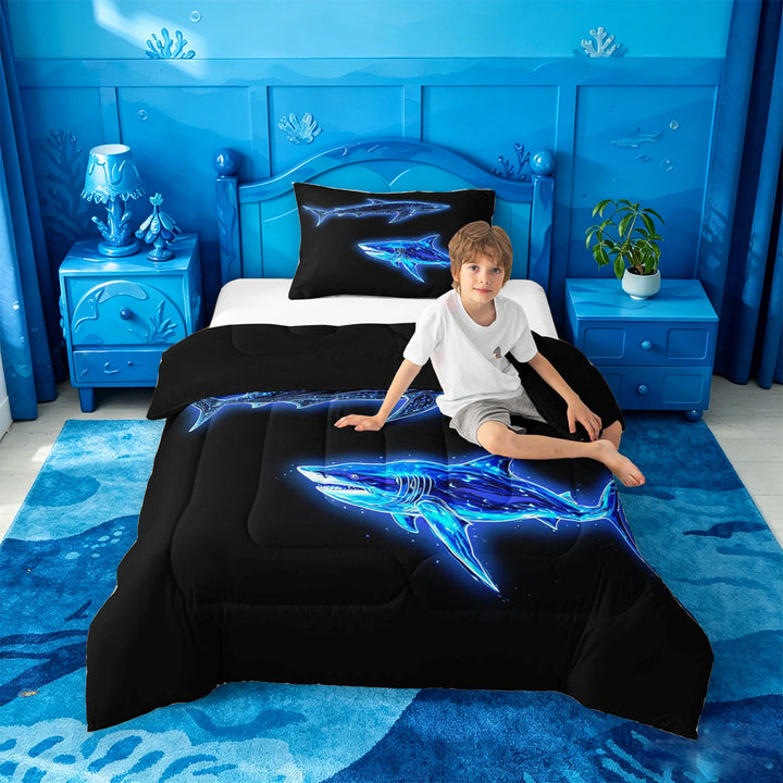 meiyoeat Ocean Themed Full Size Comforter Sets For Kids,Cute Sea Animal Shark Bedding Comforter Set For Boys,Black Reversible,3pcs
