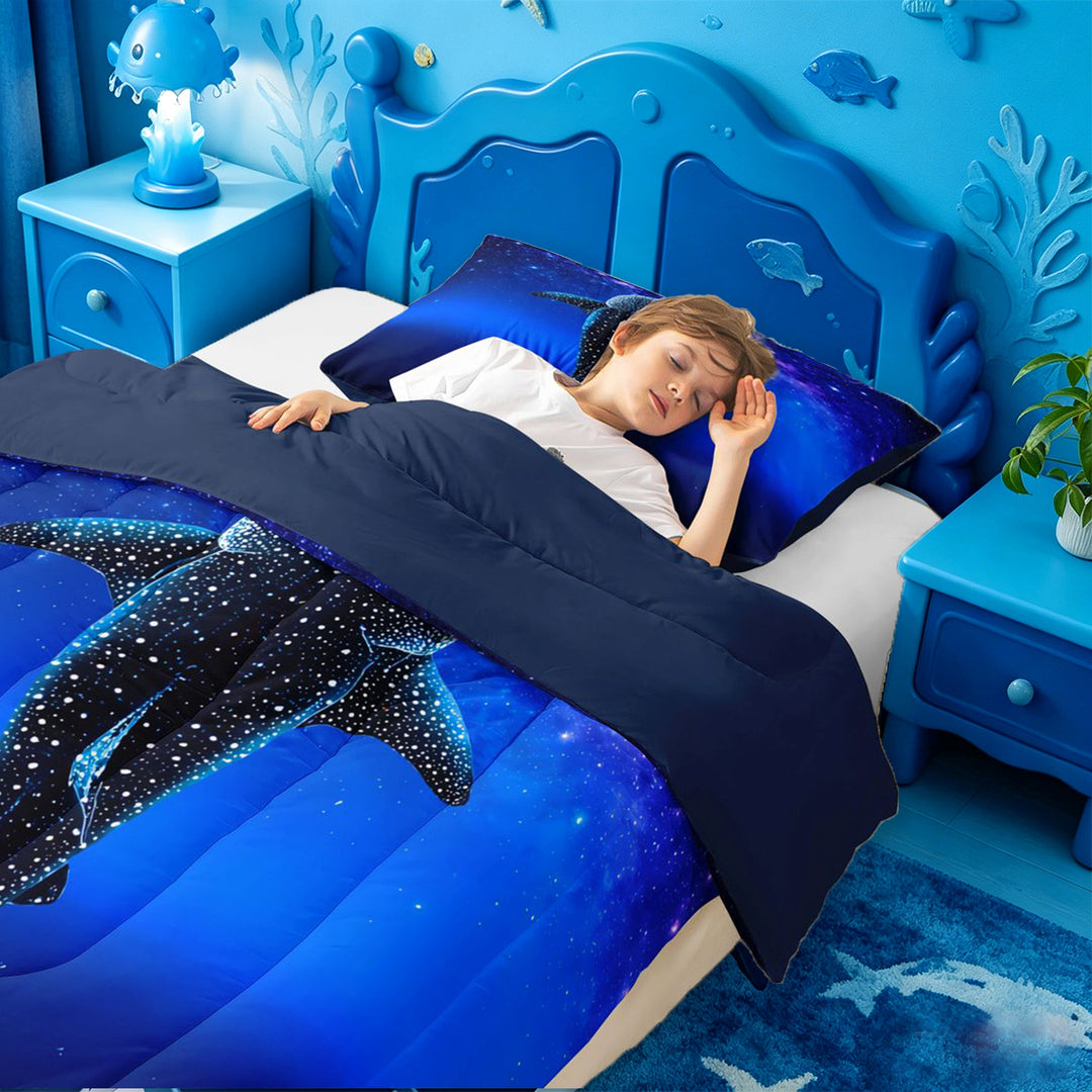 meiyoeat Sparkling Print Shark Full Size Comforter Sets For Boys,Coastal Ocean Style Bedding Comforter Set For Kids,Navy Blue Reversible,3-Piece