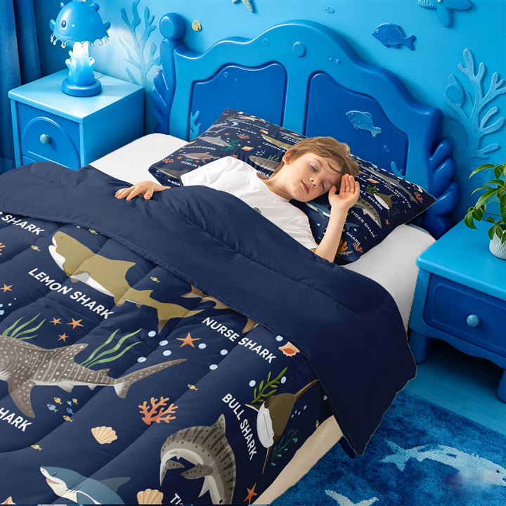 meiyoeat Watercolor Ocean Coral Full Size Comforter Sets For Boys,Cute Sea Animal Shark Bedding Comforter Set For Kids,Navy Blue Reversible,3pcs