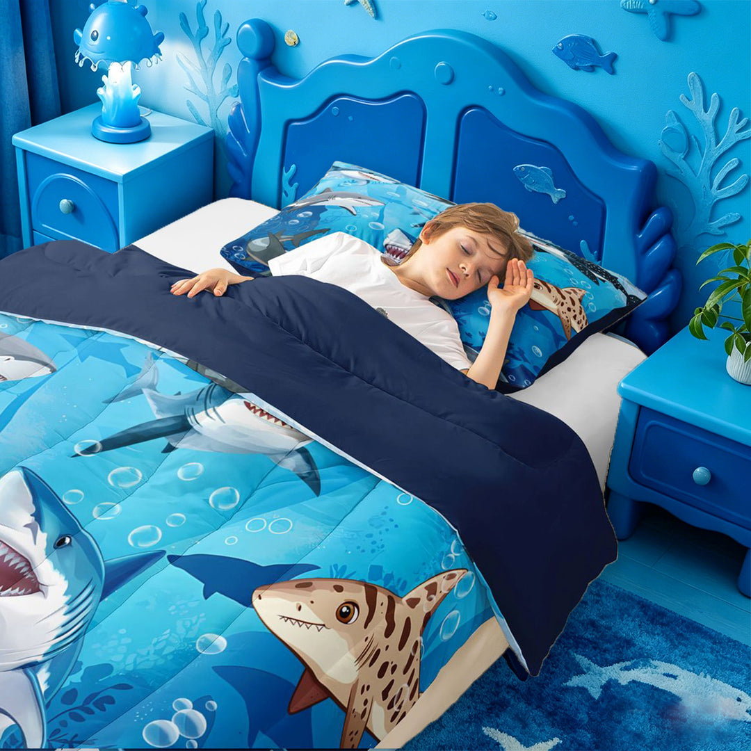 meiyoeat Cute Cartoon Shark Full Size Comforter Sets For Boys,Watercolor Ocean Theme Bedding Comforter Set For Kids,Navy Blue Reversible,3-Piece