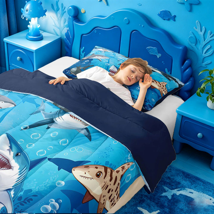 meiyoeat Cute Cartoon Shark Full Size Comforter Sets For Boys,Watercolor Ocean Theme Bedding Comforter Set For Kids,Navy Blue Reversible,3-Piece