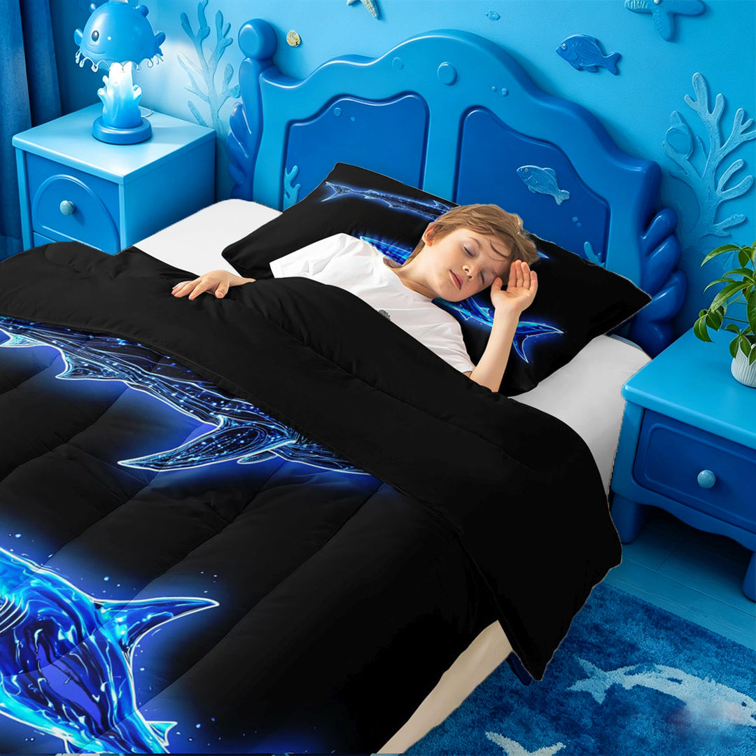 meiyoeat Ocean Themed Full Size Comforter Sets For Kids,Cute Sea Animal Shark Bedding Comforter Set For Boys,Black Reversible,3pcs